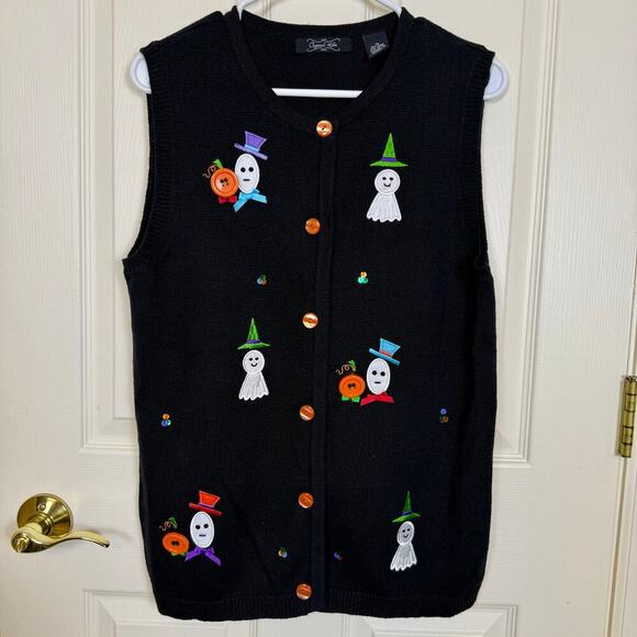 Crystal Kobe Black Halloween Sweater Vest Med Ghosts Pumpkins Button Front EUC - Picture 6 of 6
